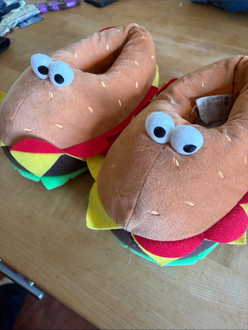 H&M Brown Plush Burger Slippers with Colorful Felt Layers
